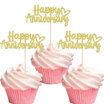 24pcs Happy Anniversary Cupcake Toppers Glitter Wedding Anniversary Cupcake Picks Birthday Wedding Anniversary Party Cake Decorations Supplies