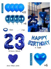 540 个蓝色生日快乐气球横幅，40 英寸（约 101.6 厘米）聚酯薄膜铝箔数字气球，蓝色心形气球，假蓝色玫瑰花瓣，适合女士、男士、生日派对装饰、蓝色主题派对家居装饰 - 寶藍色 - 查看 20