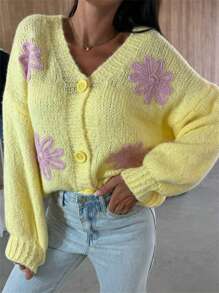Women Cute Knit Cardigan Long Sleeve Button Closure Flower Print Spring Fall Casual Jacket Sweater - Yellow - View 5