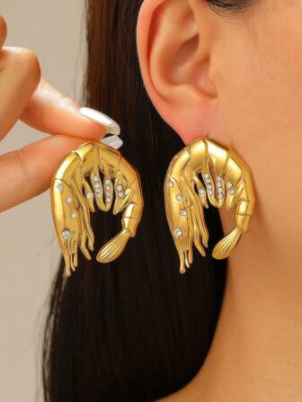 1 par fashionabla nytt rostfritt stål 18K guldpläterad kreativ räkadesign med Cubic Zirconia-dekorationsörhängen, avslappnad och mångsidig för kvinnor, lämplig för dagligt bruk, bankett, fest eller som present