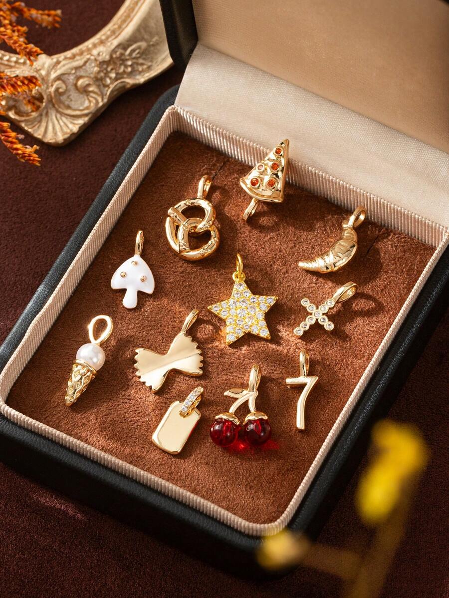 1Pc Fashion Simple DIY Necklace Accessories Food Series Cherry Ice Cream Pizza Bread Italian Noodles Zirconia Pendant, Electroplated 18K Gold, Waterproof And Sweatproof, Suitable For Daily And Party Wear, Valentine's Day Gift, Women's Gift, Women's Jewelry - Gold - View 1