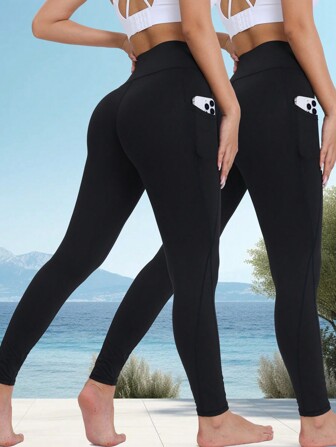 Summer Workout 2 Pairs High Waist Slimming Women Sports Leggings, Tight Solid Color With Pockets, For Outdoor, Running, Workout, Gym, Pilates, Yoga, Compression Tights