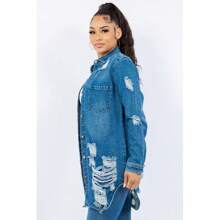 American Bazi Distressed Button Up Long Sleeve Denim Jacket - M Blue - View 3