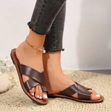 European & American Style Summer Casual Versatile Outdoor & Indoor Solid Color Flat Clip Sandals, Round Toe Leather Low-Heel Beach Flip Flops For Women - Brown - View 3