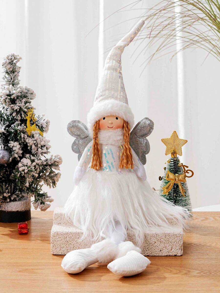 1 pieza Figura decorativa de ángel niña con postura sentada, hecha de tela con lentejuelas blancas, decoración navideña, regalo de Navidad, decoración del hogar, escaparate, fiesta, restaurante, escritorio, decoración de habitación, Año Nuevo, regalo del Día de la Madre, regalo del Día de San Valentín para la novia, altura 55cm/21.6 pulgadas, decoraciones navideñas de invierno