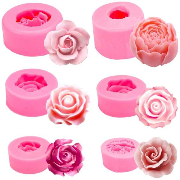 6pcs Floral Silicone Mold Set - Peony & Rose Designs For DIY Candles, Clay, Handmade DIY Creation