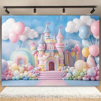 خلفية تصوير احتفالية حلمية ، بقصر نمط وأجواء الحلوى، بانر قماش بولي إستر متعدد الاستخدامات لتزيين حفلات عيد الميلاد، صالات التصوير ومناسبات الاحتفالات