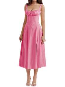 Women Summer Dress Solid Color Sleeveless Bandage Party A-Line Dress For Cocktail Nightclub Beach - Hồng - Xem 4