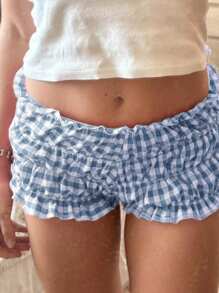 Y2k Boxer Shorts For Women Lolita Bloomers Plaid Sexy Ruffle Bottoms Low Waist Pajamas Lounge Sleep Pj Mini Pants - Màu xanh nhạt - Xem 4
