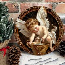 20.32x20.32cm Round Metal Charming Angel Plaque - Ideal For Wall Art And Wreath Decor, Artist's Choice With Random Hole Styles - Multicolor - View 4