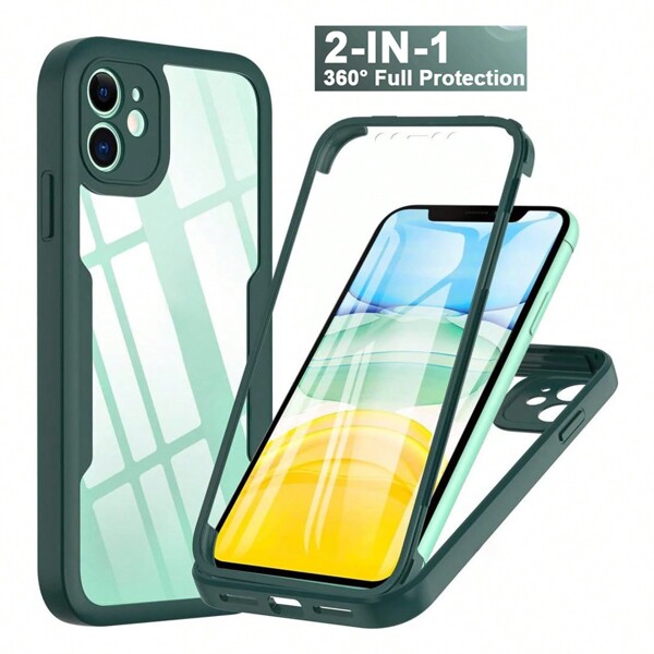 1pc Olive Green 2-In-1 Full Wrap Around Transparent Case With Front Screen Protector, TPU Soft Bumper + PC Hard Back Panel Colorblock Phone Case Compatible With Apple 16/15/14/13/12/11 Pro Max/Plus/SE2/SE3/7/8 And Galaxy, Redmi