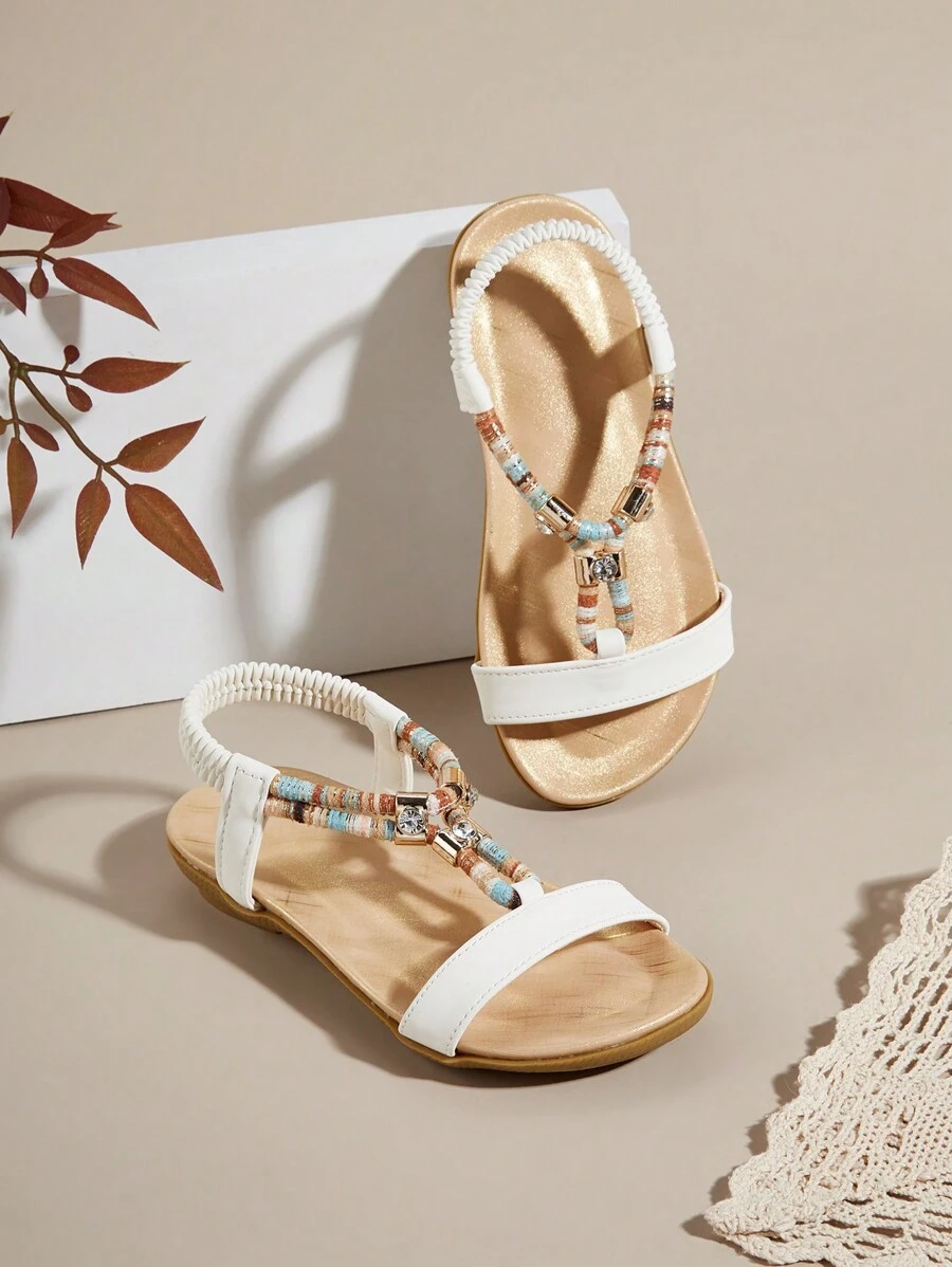 1 双彩虹带波西米亚风格舒适百搭平底沙滩凉鞋 - 白色 - 查看 1