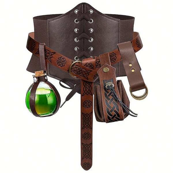 Conjunto com 6 peças de bolsa com estampa Kate em relevo estilo medieval, cinto, frasco mágico + capa, 2 decorações para pendurar na cintura, decoração de cintura de cavaleiro guerreiro, para carnaval, acessórios para fantasias de performance em palco