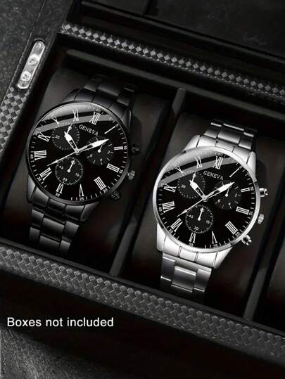 2 件/套男士石英圆形表盘商务休闲手表和手链组合礼品套装，适合情人节、新年、圣诞节、生日礼物送给家人和朋友