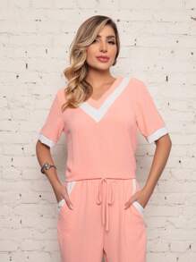 Women's Two-Tone Dune Fabric Suit With Long And Short Sleeves - Rosa - Ver 2