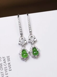 Elegant Design 925 Sterling Silver Plated Gold Jade Gourd Pendant Earrings / Full 18K Gold Plated / Size 6x4mm High-Quality Natural Jade Gourd Pair / Natural Zirconia / Pure Silver Gold Plated Craftsmanship / Hand-Clawed Setting Craftsmanship / Micro-Inlay Craftsmanship / Electroplated Gold Craftsmanship / Jewelry Gift Box Packaging / Fine Jewelry / Holiday Birthday Gift / Daily Wear Gift - Silver - View 3