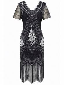 BABEYOND 1920s Art Deco Fringed Sequin Dress Roaring 20s Flapper Fancy Dress - 黑銀色 - 查看 4