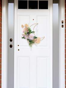 1 pieza Decoración colgante de hierro con rosa/crisantemo simulado y luna, para puerta principal, sala de estar, escalera, ventana/patio y jardín exterior, decoración colgante de luna de Eid