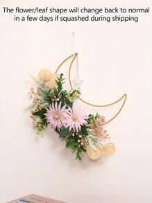 1 pieza Decoración colgante de hierro con rosa/crisantemo simulado y luna, para puerta principal, sala de estar, escalera, ventana/patio y jardín exterior, decoración colgante de luna de Eid