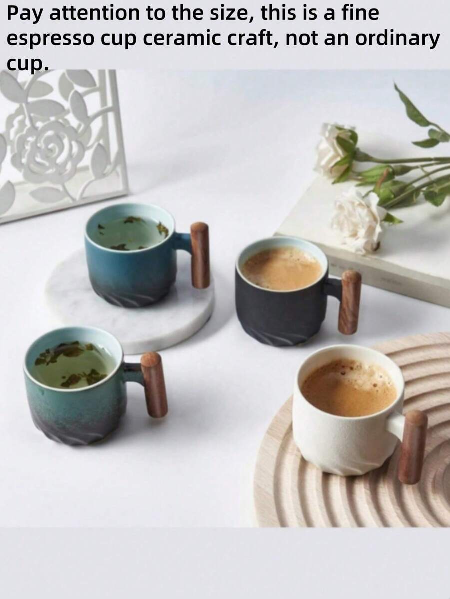 1 pièce / 2 pièces / 4 pièces Tasse à café italienne en céramique avec manche en bois, tasse à thé avec manche en santal, infuseur à thé et couvercle, tasse à thé en céramique avec manche en bois japonais, petite tasse à café en porcelaine avec dégradé de glaçure, petite tasse à thé de type Kung Fu en céramique. Coffret cadeau adapté pour le thé de l'après-midi, tasse à expresso italienne, mini tasse à café japonaise simple
