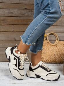 时尚软皮厚底厚底厚底运动鞋，2024春夏新款透气网眼跑步运动鞋，女士休闲运动鞋 - 黑色 - 查看 3