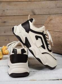 时尚软皮厚底厚底厚底运动鞋，2024春夏新款透气网眼跑步运动鞋，女士休闲运动鞋 - 黑色 - 查看 5