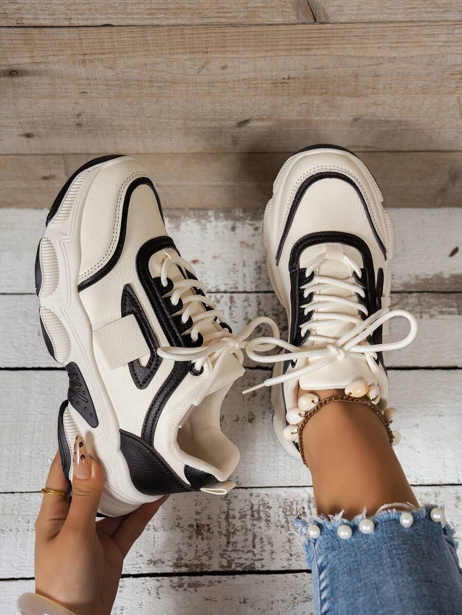 时尚软皮厚底厚底厚底运动鞋，2024春夏新款透气网眼跑步运动鞋，女士休闲运动鞋 - 黑色 - 查看 1