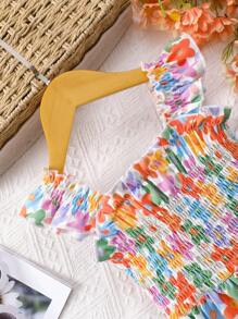 Young Girls Cap Sleeve Square Neck Floral Print Romper, Summer