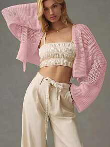 Cropped Cardigan Sweaters For Women Boho Lightweight Summer Open Front Knit Cardigan Outerwear - Pink - View 1