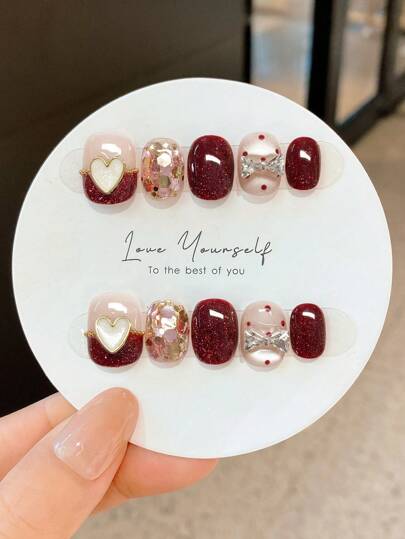 10 件手工美甲装饰，勃艮第心形、闪光蝴蝶结、波尔卡圆点图案，按压式指甲贴纸，可快速美甲 美甲用品 美甲