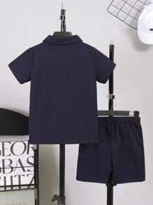 2pcs Tween Boy Casual Set, Color Block Polo Collar Partial Button Short Sleeve Top + Sports Shorts With Pockets - Multicolor - View 3