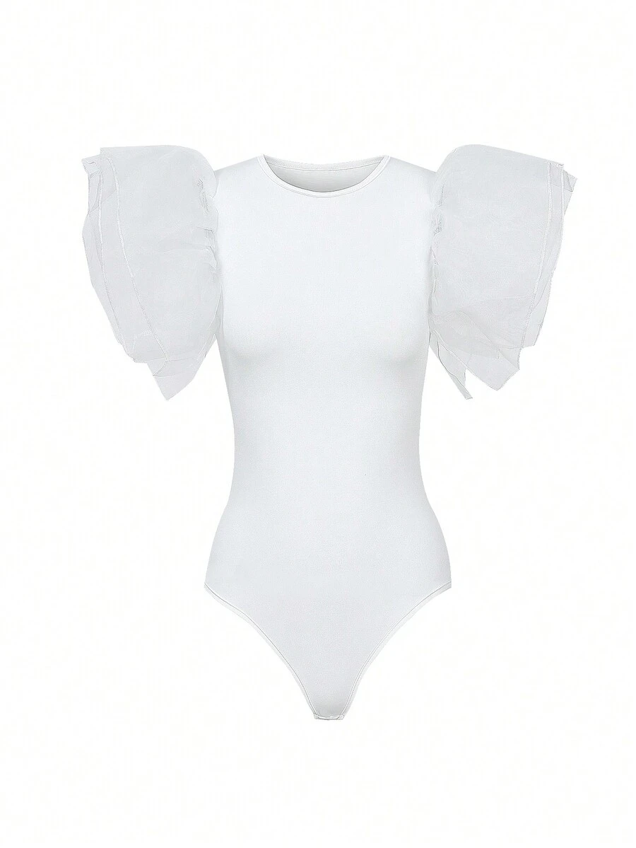 Women's Romantic Slim Cute Black Elements Mesh Exaggerated Ruffles Stitching Sexy Daily Basic Bodysuit - White - View 1