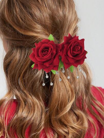 1pc Vintage Red Rose Rhinestone Tassel Spring Clip Hair Accessory, Suitable For Daily Wear, Weddings, Parties, Bridal Headpiece, Gift For Girlfriend