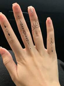 1 件小图案几何临时纹身防水防汗一次性纹身贴纸适用于男女手臂、腰部、胸部、腿部、腹部、颈部、手部、手指、背部现代人体艺术 - 黑色 - 查看 2