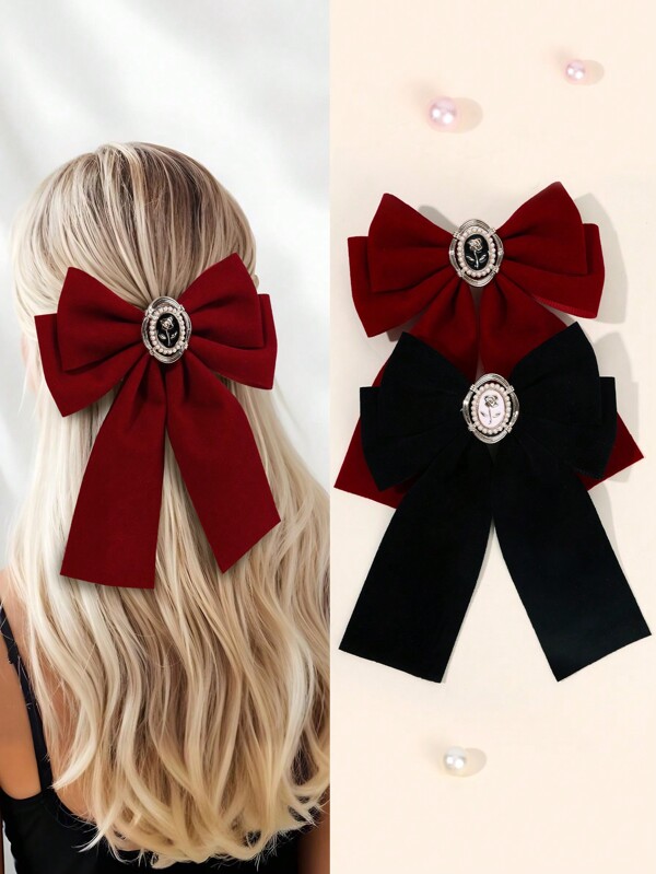 1 peça de grampos de cabelo de veludo de cor sólida com laço grande, grampo de cabelo elegante com decoração de flores para uso diário na cabeça, acessórios de cabelo vermelho e preto para presente