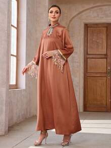 2025 Orange Rhinestone Sparkling Sequins Long Formal Dress, Arabic Style Evening Gown - Burnt Orange - View 5