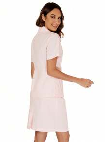 cimmuovere Casual Gentle Elegant Professional Solid Color Short Sleeve Lapel Open Front Double Pocket Elastic Waist Slit Skirt And Beauty Uniform Set Scrubs Nurse Scrubs Workwear Dentist Healthcare Pet Hospital Laboratory - Pink - View 2