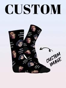 Un par de calcetines de media pantorrilla personalizados para hombres con impresión de rostro y texto. Calcetines personalizados con la impresión "Mejor padre de todos" y foto, calcetines personalizados divertidos para pareja como regalo para el Día del Padre o cumpleaños