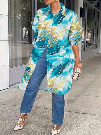 大码女式时尚不对称印花中长衬衫