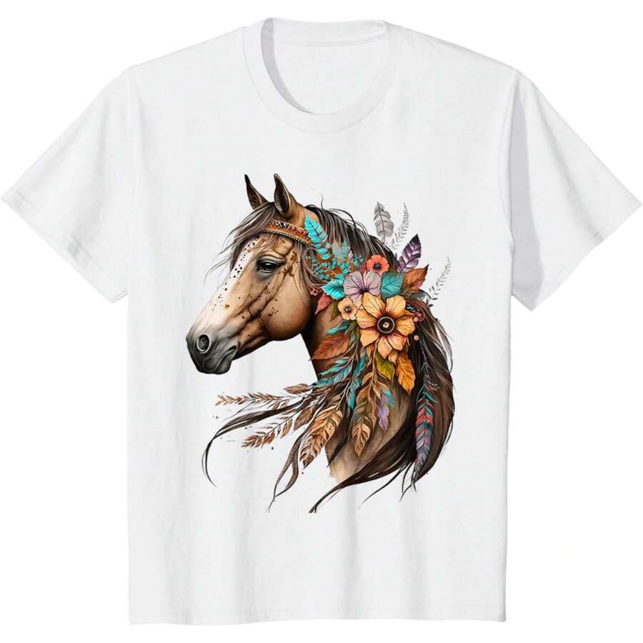 New Years Eve Tops T-Shirt For Women Plus Size Warm T-0shirt Floral Wild Horse Country Horse Riding T-Shirt - 白色 - 查看 1