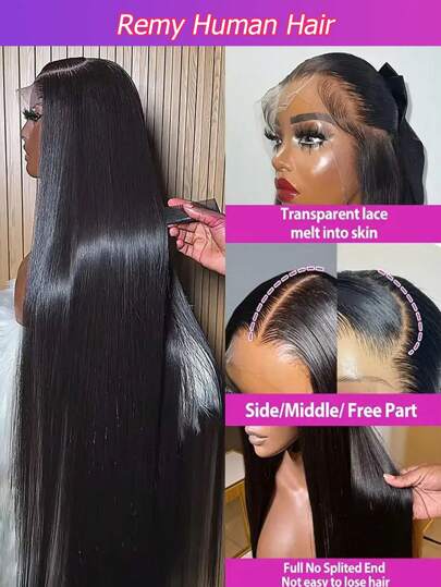 Peluca con encaje frontal de cabello humano brasileño de 40 pulgadas, 13X4, densidad del 180%, cabello humano liso, peluca con encaje natural previamente depilada con cabello de bebé para mujeres de 8 a 40 pulgadas