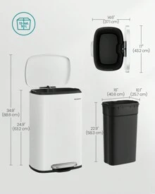 SONGMICS Kitchen Bin 50L, Pedal Bin For Kitchen, Rubbish Bin, Soft Close, Step-On Pedal, Steel, Inner Bucket, White