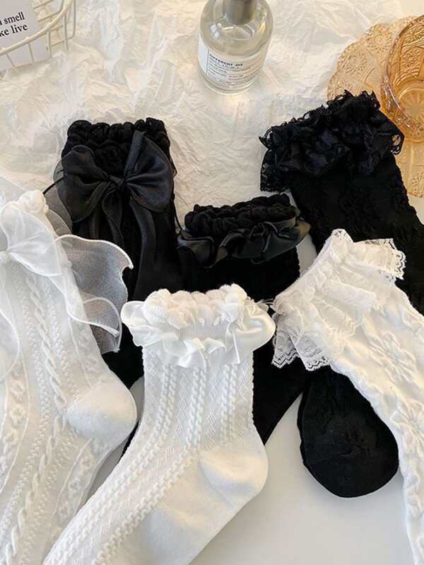 6 Pairs Women's Lace Trim Cute Fashion Charming Soft Cable Knit Lolita Mid-Calf Socks