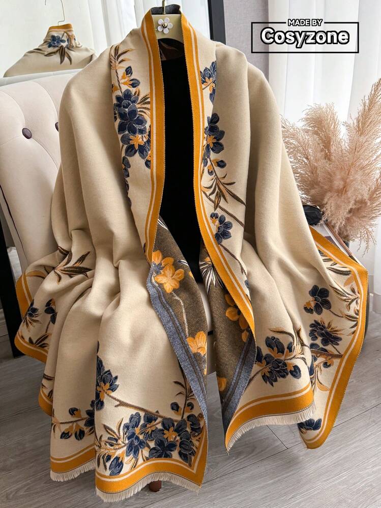 EMERY ROSE 1pc Simple Elegant Floral & Plant Pattern Jacquard Faux Cashmere Warm Scarf, Fashionable Versatile Neck Warmer Shawl For Women, Suitable For Daily Wear And Decoration, Autumn/Winter - Beige - View 1