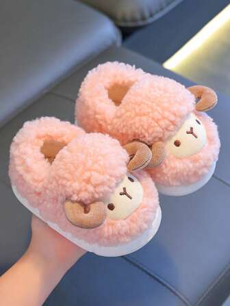 1 Pair Adorable 3D Sheep Design Kids Slippers, Fluffy Cartoon Indoor Shoes For Boys, Toddlers, Winter