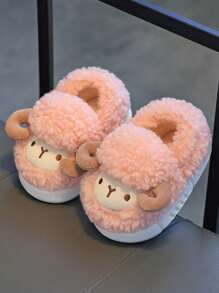 1 双可爱 3D 绵羊设计儿童拖鞋，毛绒卡通室内鞋，适合男孩、幼儿、冬季 - 粉色 - 查看 2