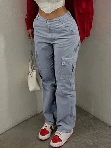 NVFelix New Retro Y2K Cargo Pants For Women - Stretch Flap Pocket Design, Streetwear Style (Fall Clothes) - Màu Xám nhạt - Xem 2
