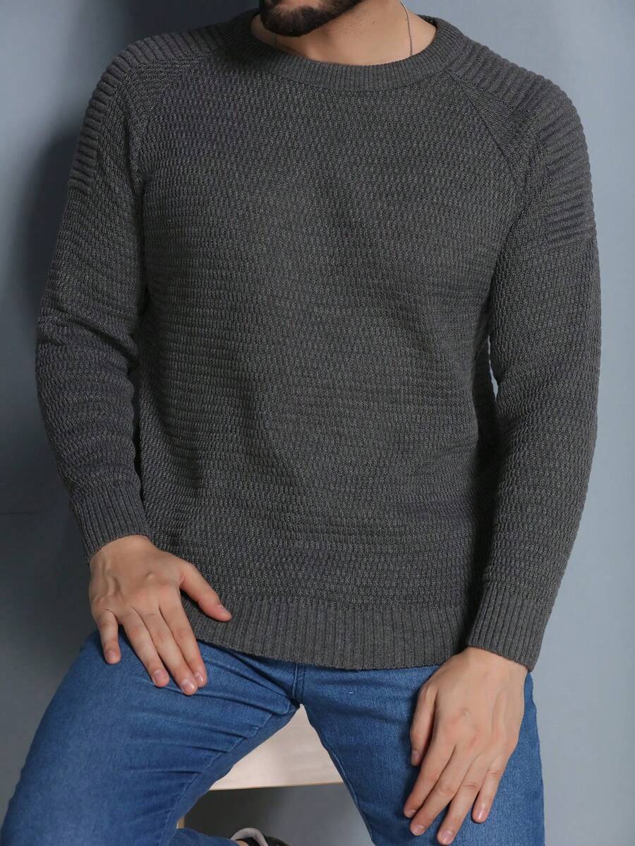 Men's Knitted Sweater Coat Sweater Cold Weather Round Neck Long Sleeve Wool Blouse - 深灰色 - 查看 1