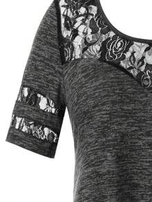 Plus Size Elegant Lace Accent T-Shirt With Asymmetric And Button Details - Grey - View 9