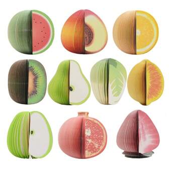 Blocs de notas con forma de fruta 3D, bloc de notas de oficina novedoso mixto - 10 blocs por paquete - 150 hojas por bloc - 1 color por bloc - 10 formas diferentes en el interior por paquete (no autoadhesivo)